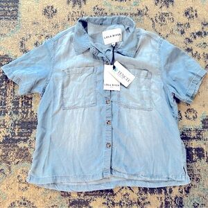 Lola River Womens Blue Chambray Button Up Shirt Size Small Denim Pocket Short